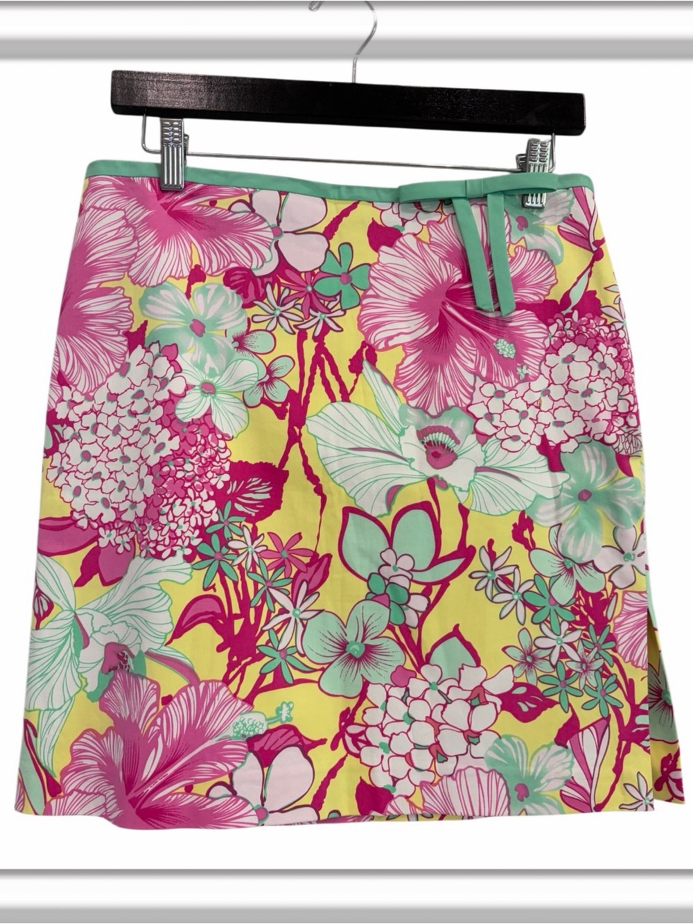 TIBI Floral Short Lined Skirt Bow Size 6 Side Zip Slit Stretch Pink Green Retro